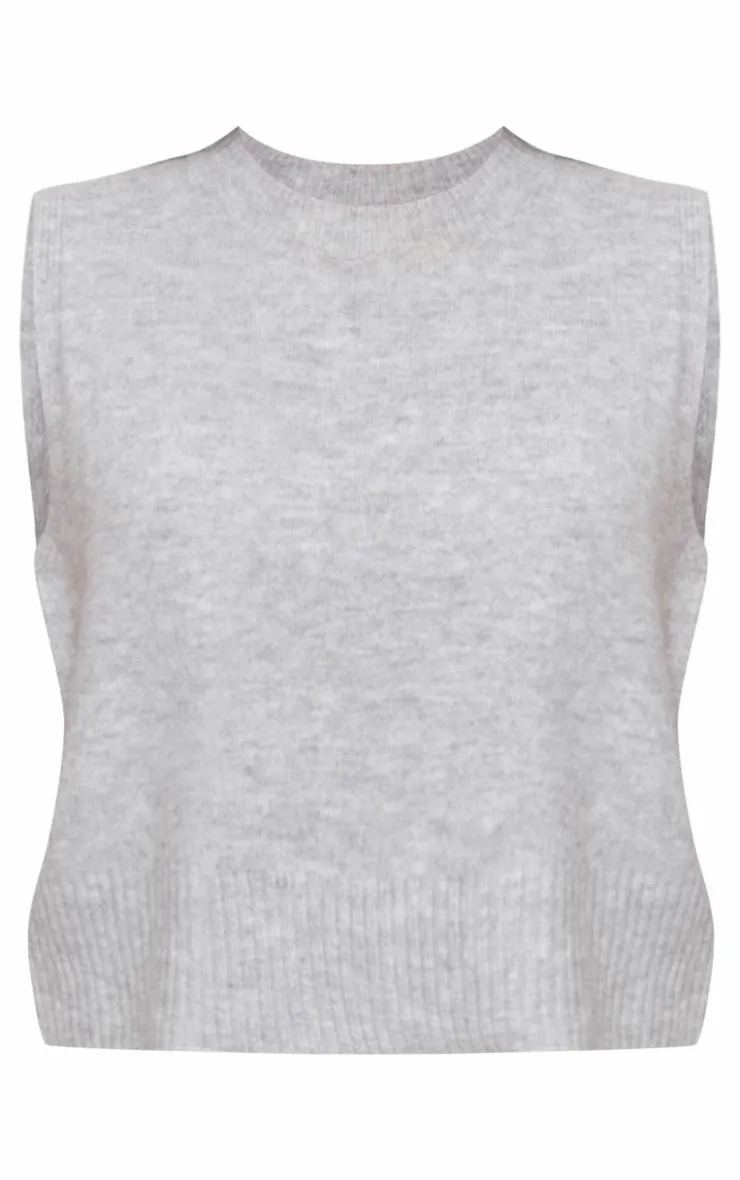 Clearance PrettyLittleThing Marl Soft Knit High Neck Sleeveless Crop Top Ash Grey