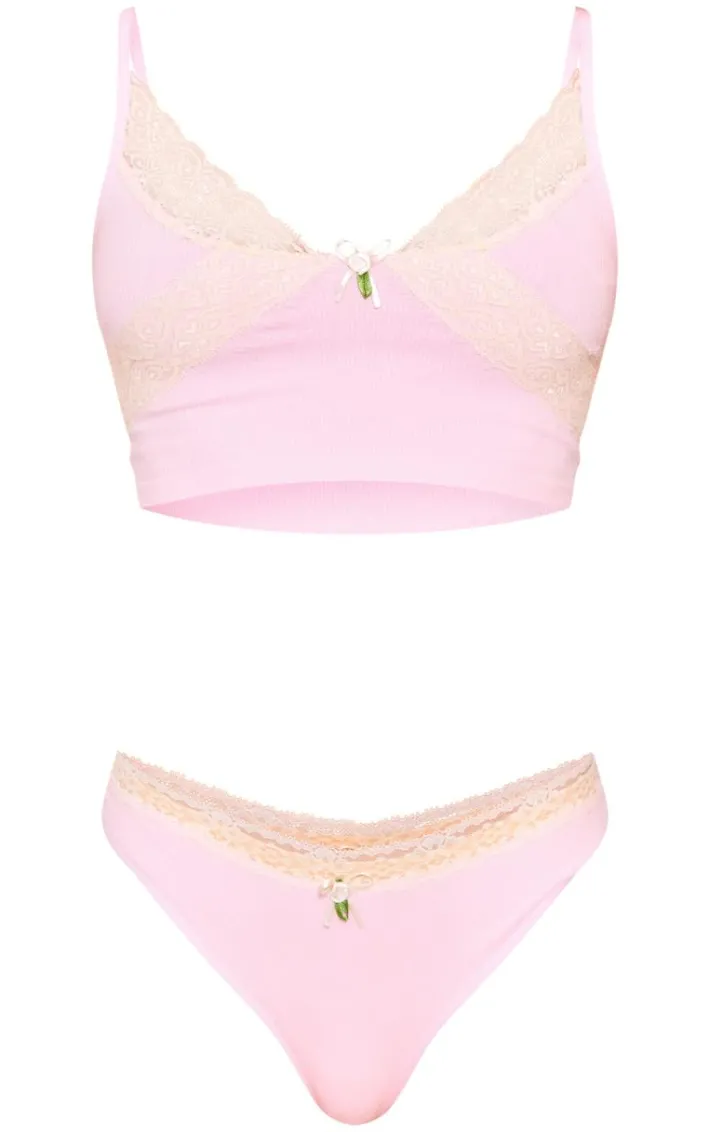 Baby Pink Lace Trim Bralette And Thong Lingerie Set