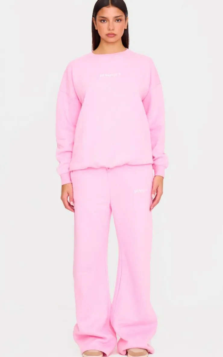 PrettyLittleThing Gym Wear*Pink Embroidered Drawstring Waist Wide Leg Sweatpants