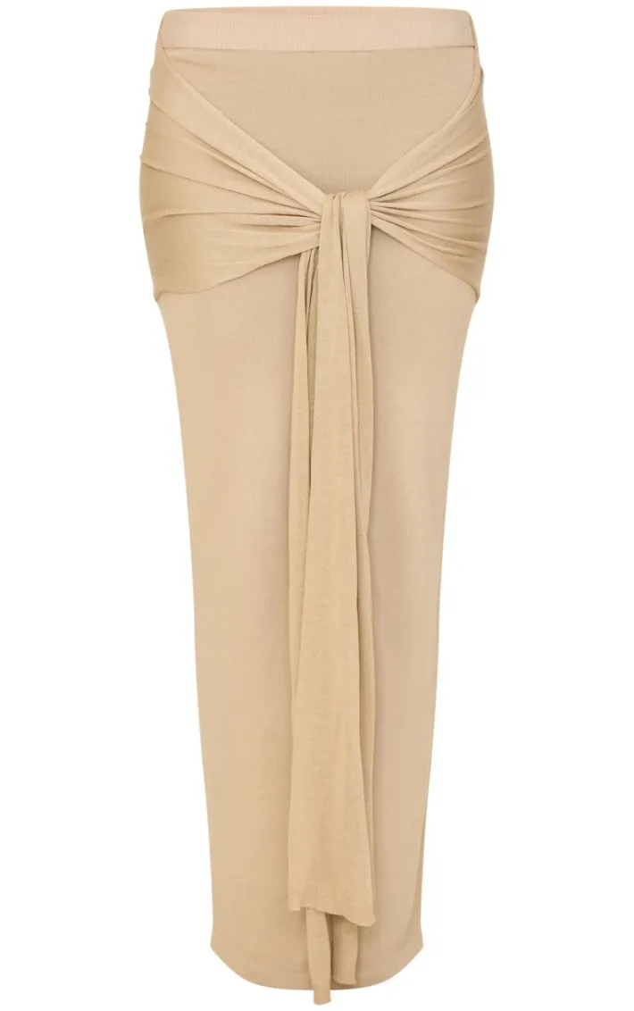 Beige Fine Knit Drape Tie Maxi Skirt