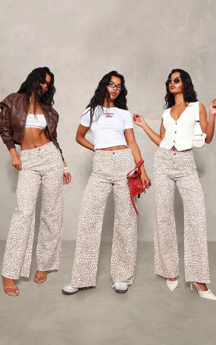 Beige Leopard Print Wide Leg Jeans