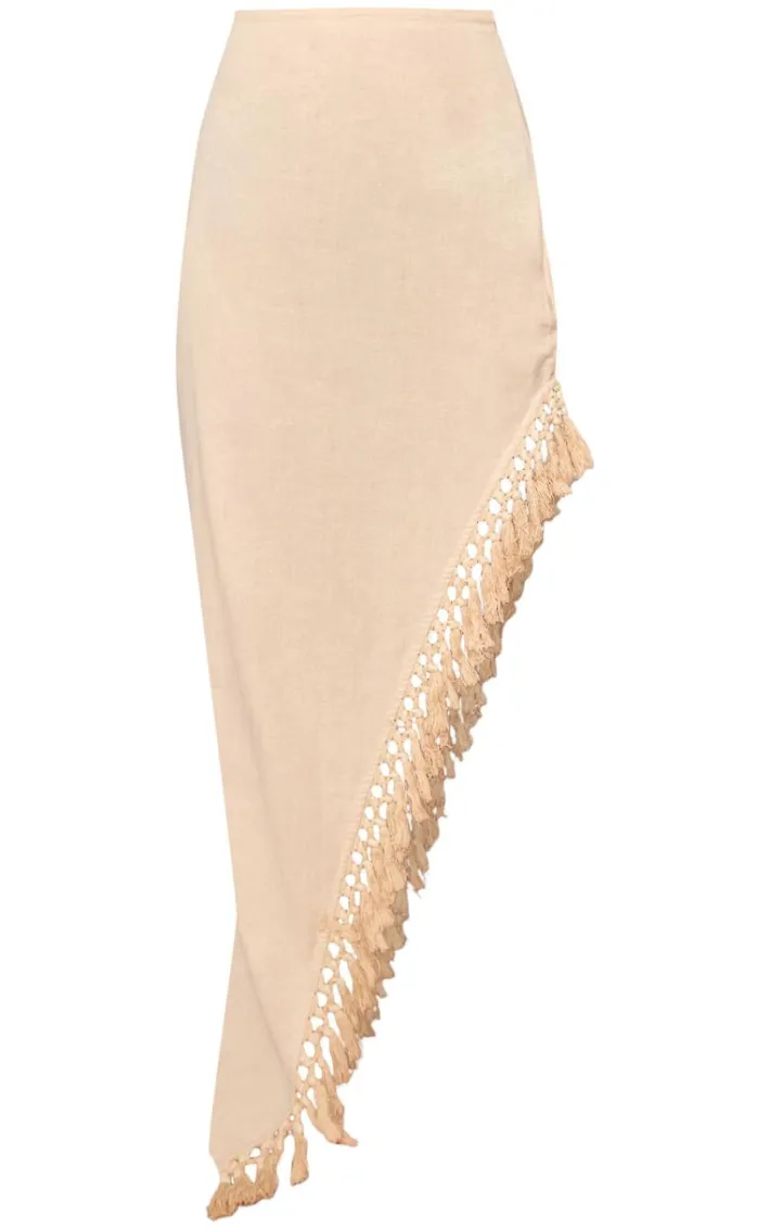 Beige Linen Look Tassel Hem Thigh Split Maxi Skirt