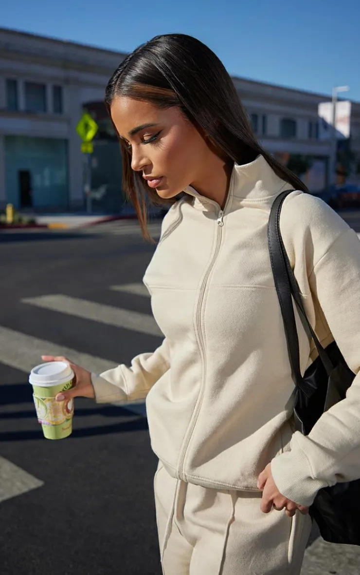 Online PrettyLittleThing Seam Detail Zip Through Sweatshirt Beige