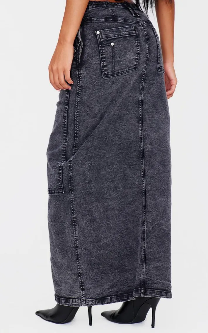 Black Acid Wash Twill Raw Hem Maxi Skirt