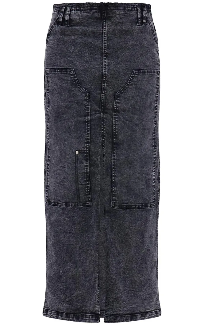 Black Acid Wash Twill Raw Hem Maxi Skirt