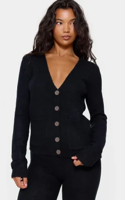 Hot PrettyLittleThing Basic Knit Button Up Cardigan Black