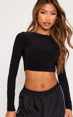 PrettyLittleThing Basic Tops*Basic Slinky Long Sleeve Crop Top