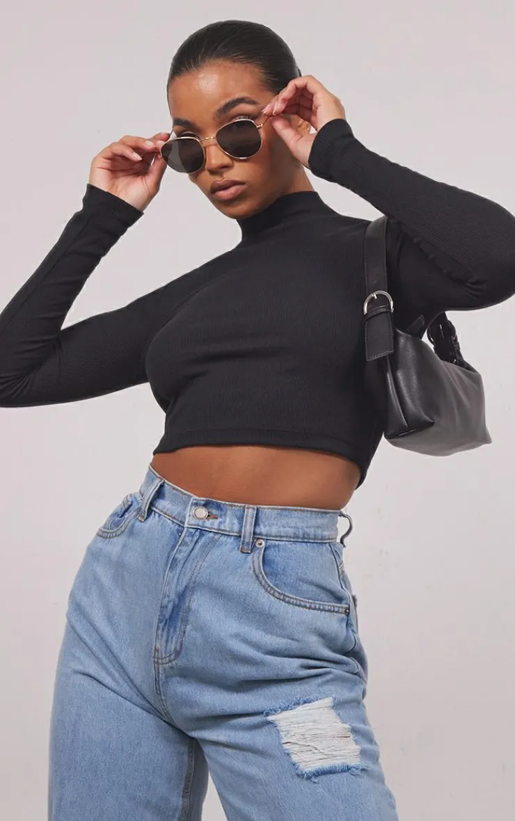 PrettyLittleThing Basic Tops*Basic Soft Ribbed High Neck Long Sleeve Crop Top