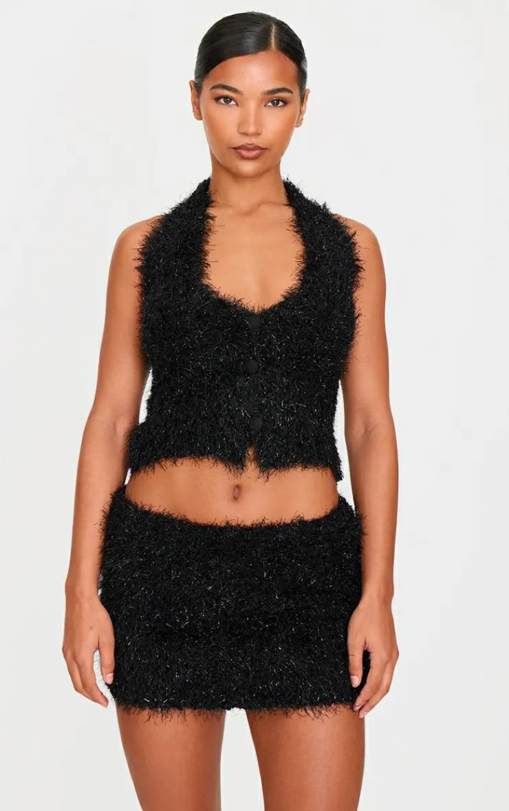PrettyLittleThing Bobble Eyelash Knit Halterneck Vest Black