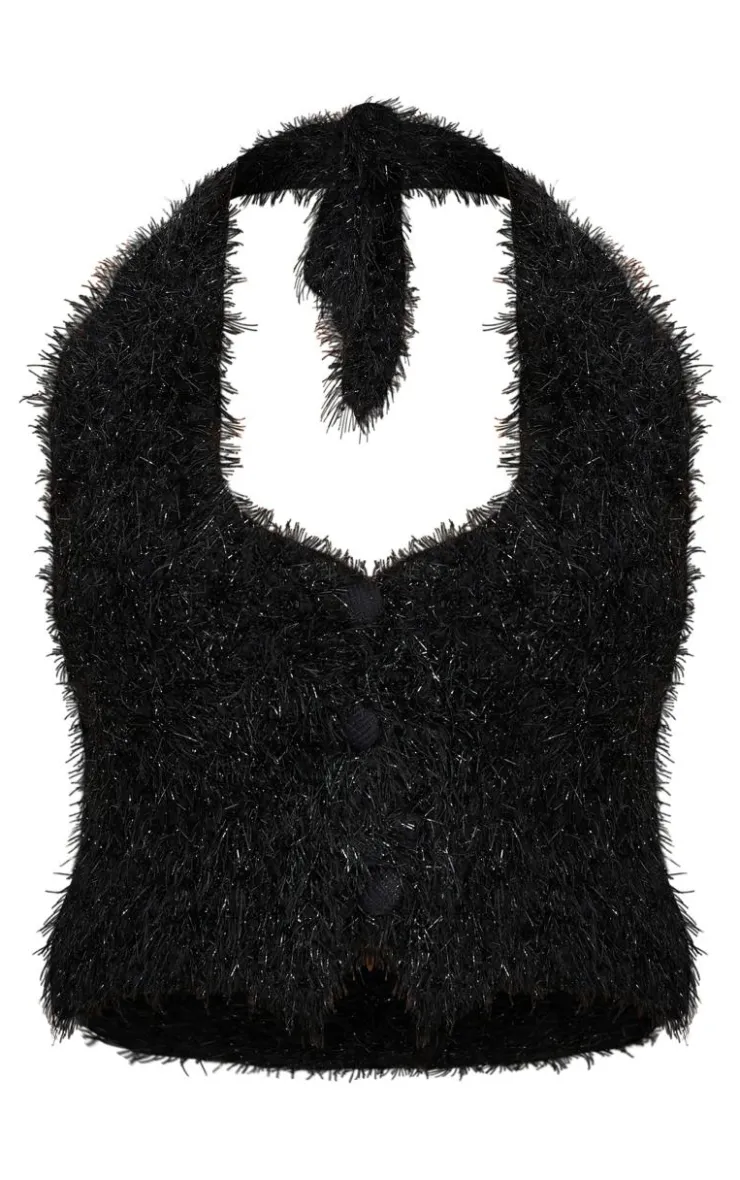 PrettyLittleThing Bobble Eyelash Knit Halterneck Vest Black