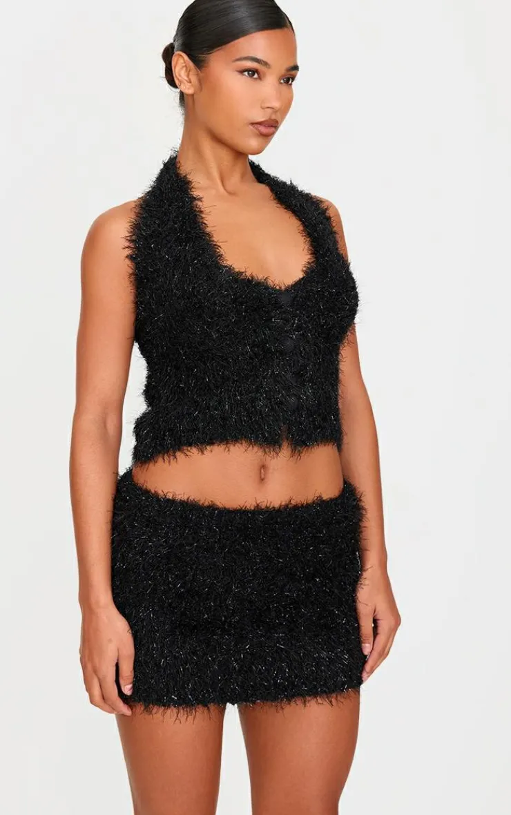 New PrettyLittleThing Bobble Eyelash Knit Mini Skirt Black