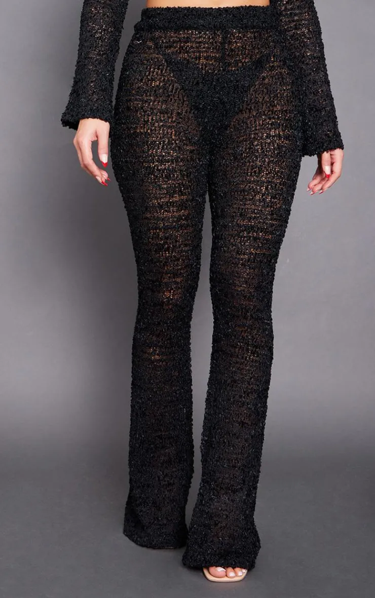 Online PrettyLittleThing Bobble Knit Flared Pants Black