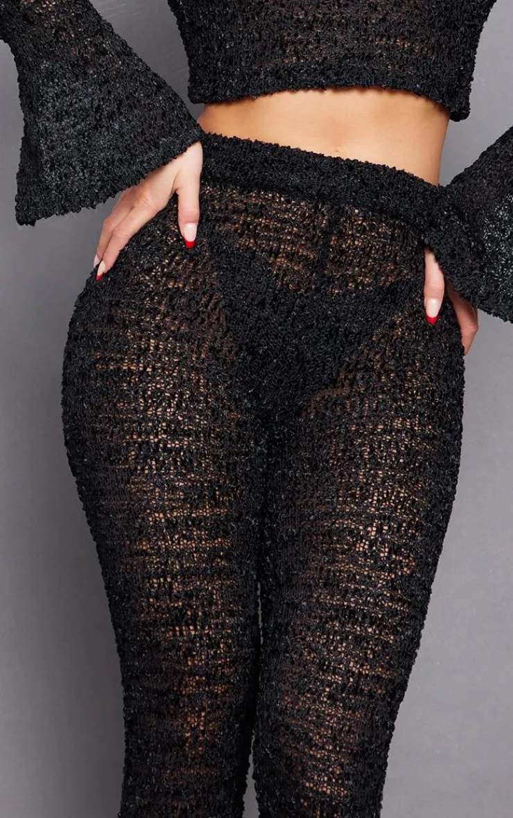 Online PrettyLittleThing Bobble Knit Flared Pants Black