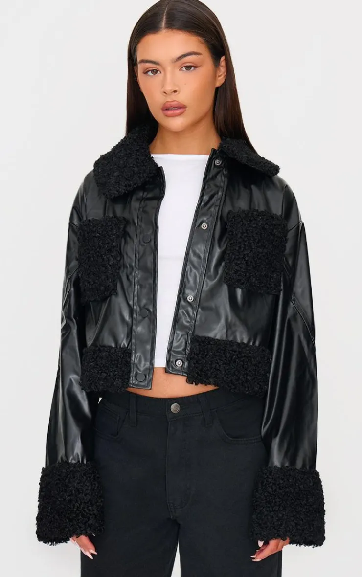 PrettyLittleThing Faux Leather Jackets*Borg Pocket Front Faux Leather Cropped Coat