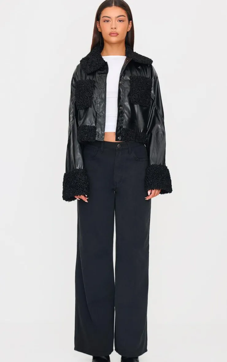 PrettyLittleThing Faux Leather Jackets*Borg Pocket Front Faux Leather Cropped Coat