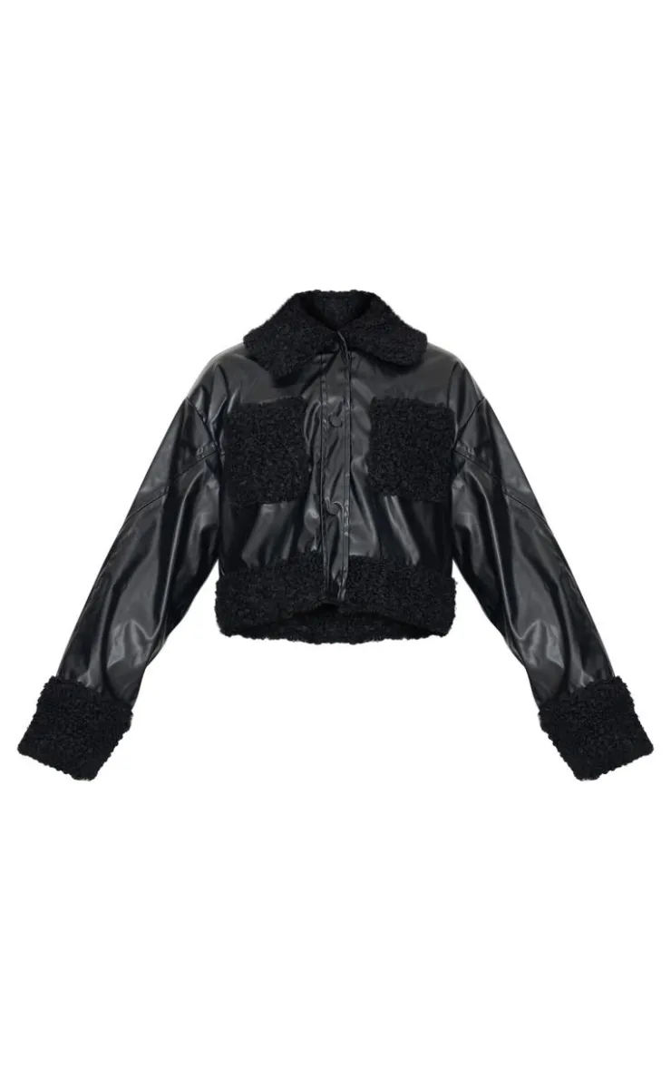 PrettyLittleThing Faux Leather Jackets*Borg Pocket Front Faux Leather Cropped Coat