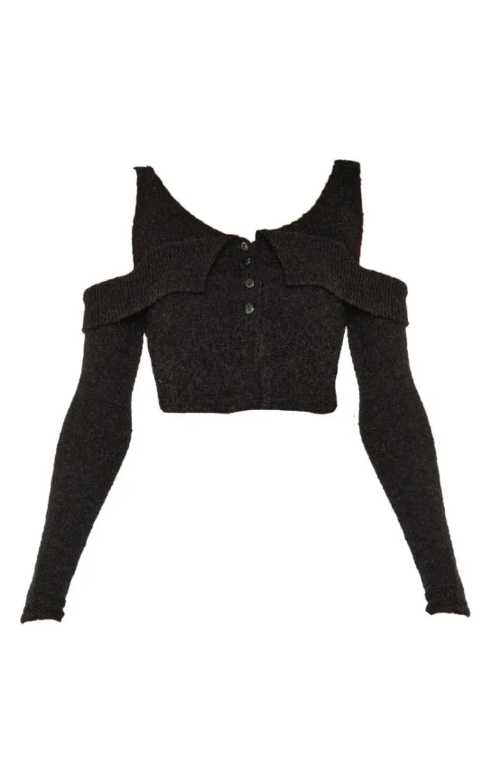 Black Boucle Knit Cold Shoulder Button Up Top