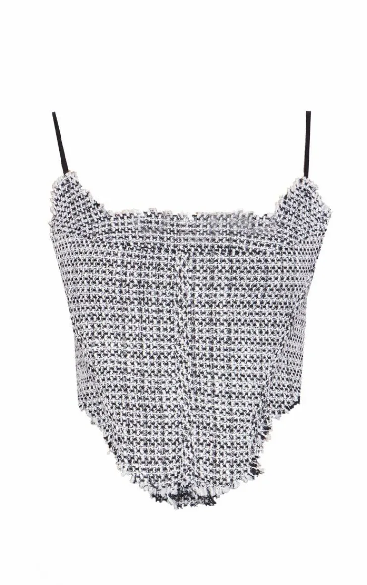 New PrettyLittleThing Boucle Tweed Strappy Corset Top Black