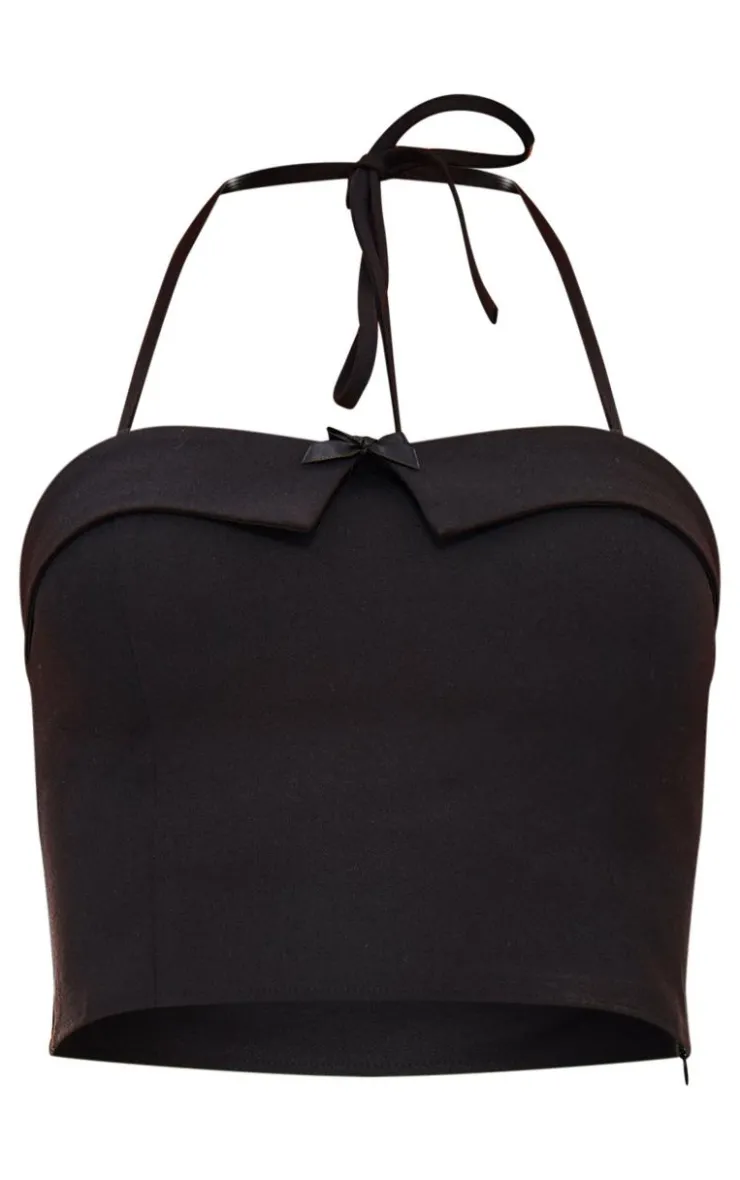 Discount PrettyLittleThing Bow Detail Tie Neck Halterneck Crop Top Black