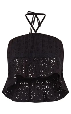Outlet PrettyLittleThing Broderie Crochet Trim Halter Crop Top Black