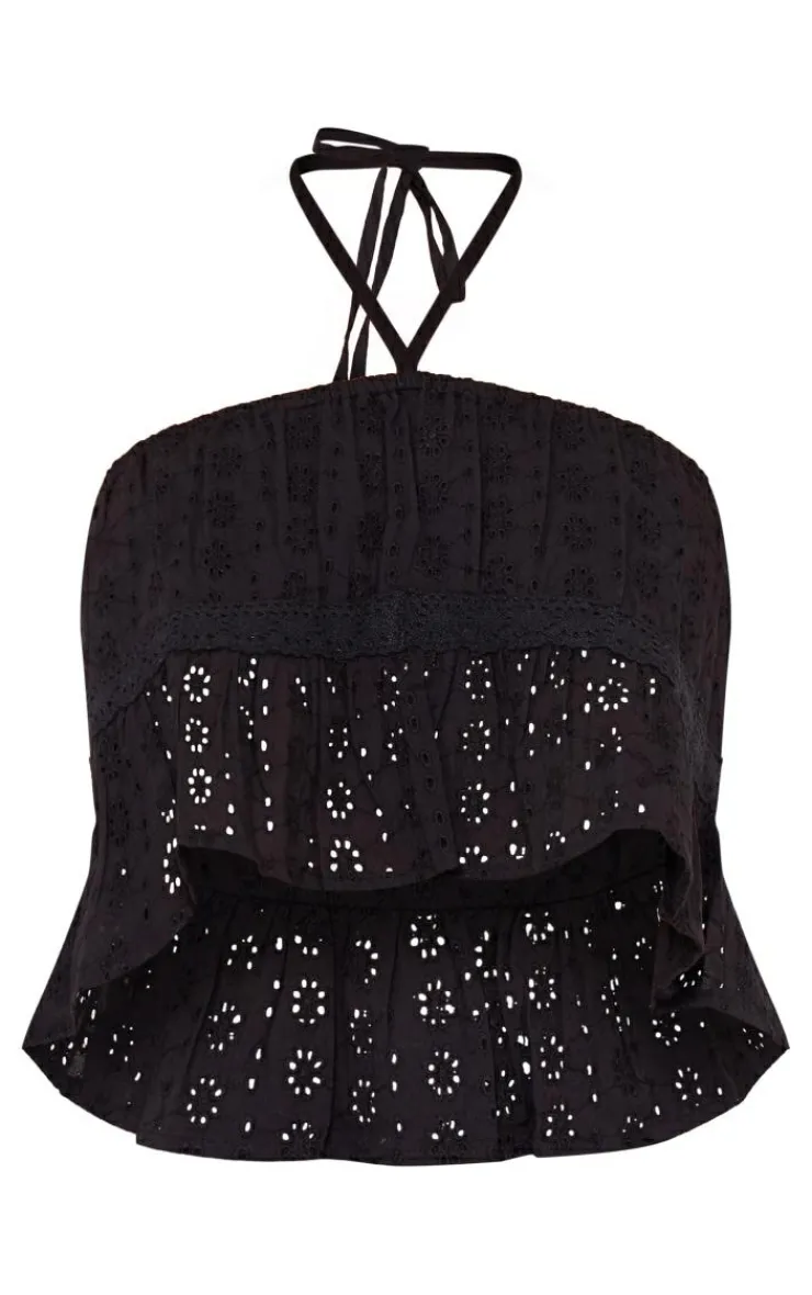 Outlet PrettyLittleThing Broderie Crochet Trim Halter Crop Top Black