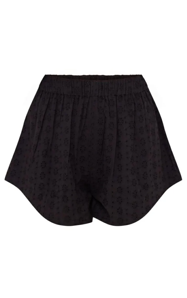Hot PrettyLittleThing Broderie High Waisted Shorts Black