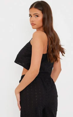 New PrettyLittleThing Broderie Strappy Crop Top Black