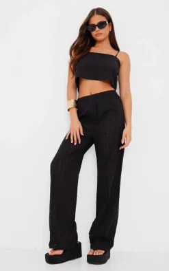 New PrettyLittleThing Broderie Strappy Crop Top Black