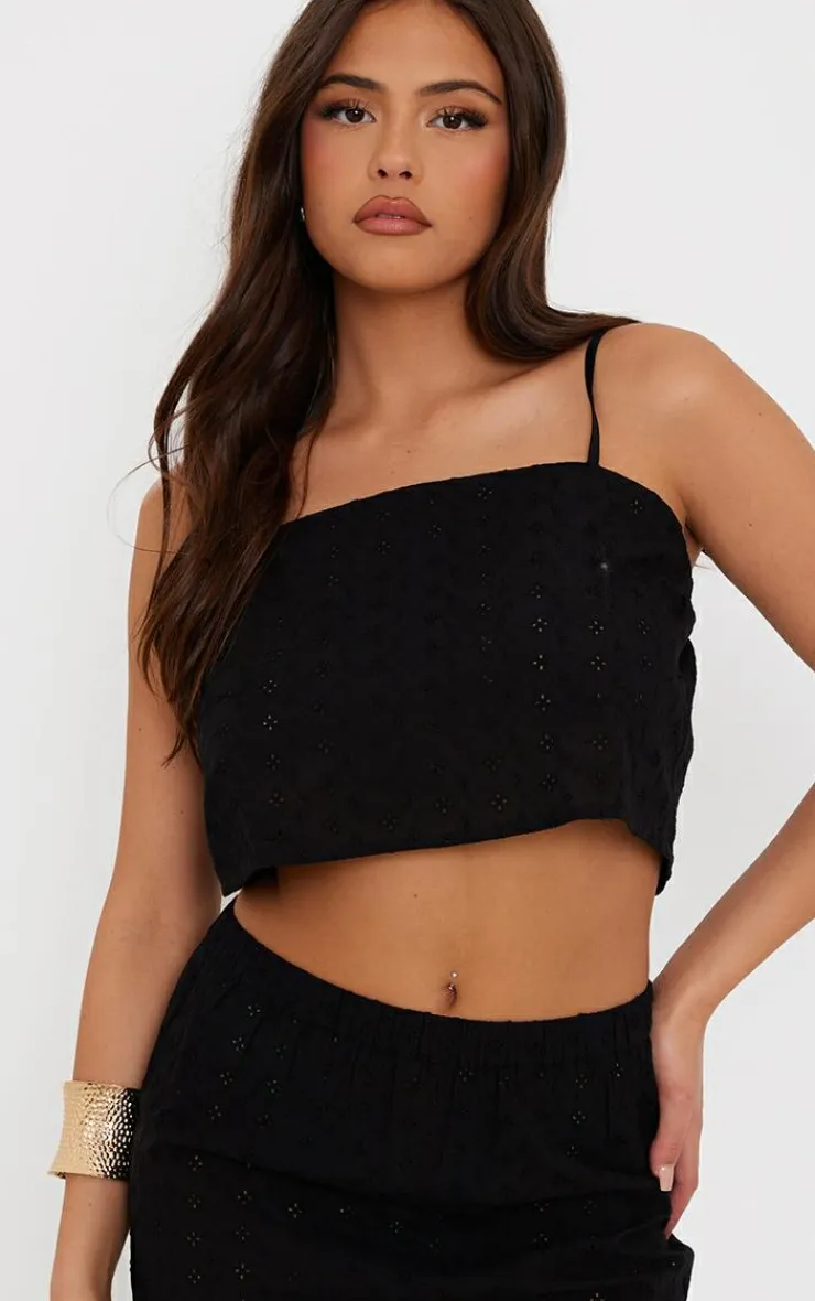 New PrettyLittleThing Broderie Strappy Crop Top Black