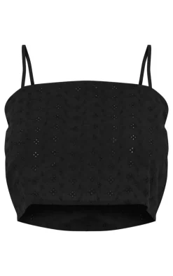 New PrettyLittleThing Broderie Strappy Crop Top Black