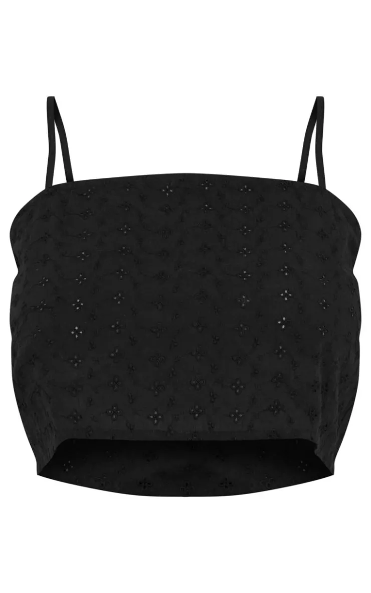 New PrettyLittleThing Broderie Strappy Crop Top Black