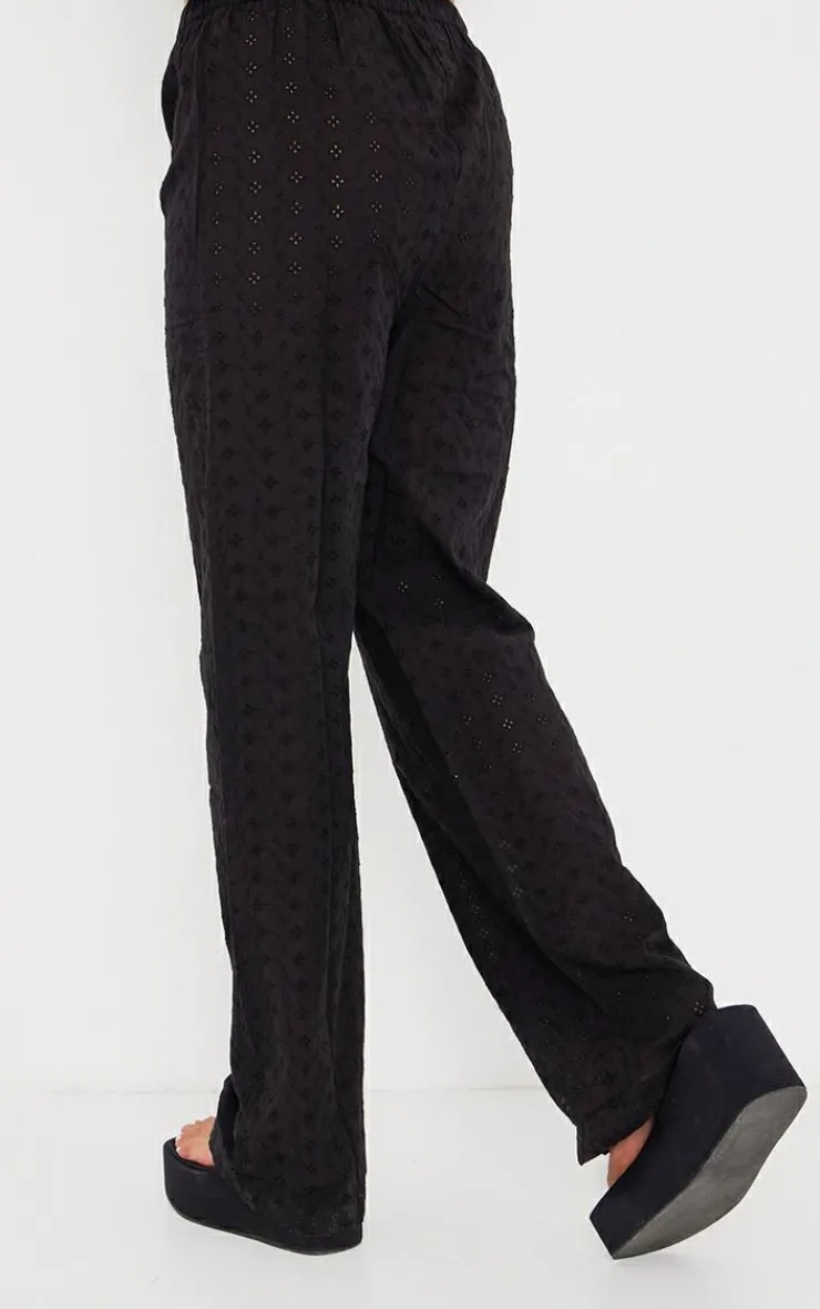 Hot PrettyLittleThing Broderie Wide Leg Pants Black