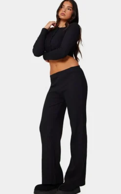 Discount PrettyLittleThing Brushed Rib Wide Leg Pants Black