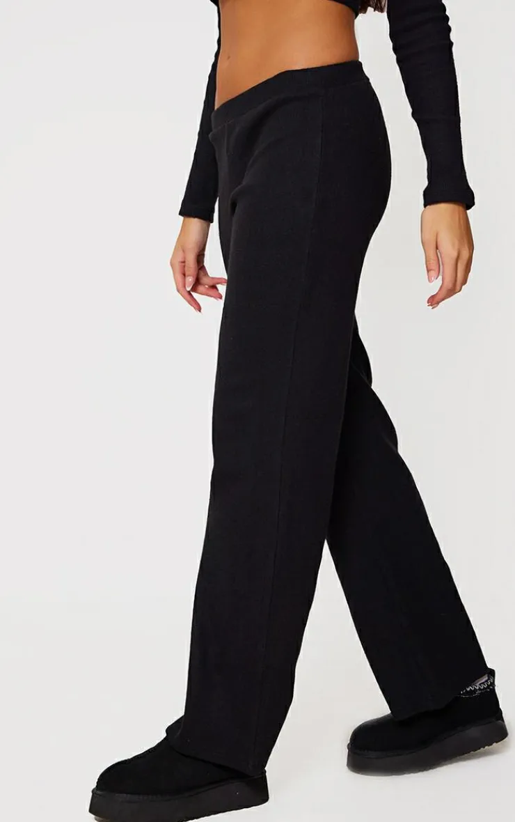 Discount PrettyLittleThing Brushed Rib Wide Leg Pants Black