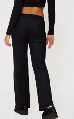 Discount PrettyLittleThing Brushed Rib Wide Leg Pants Black