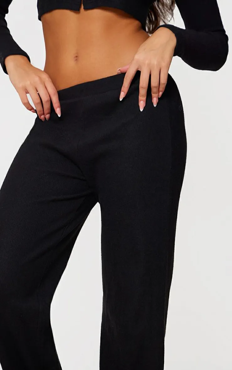 Discount PrettyLittleThing Brushed Rib Wide Leg Pants Black
