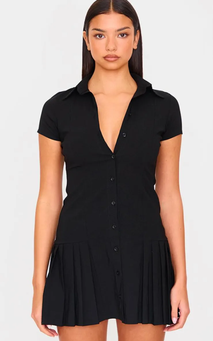 Button Down Cap Sleeve Pleated Hem Shift Dress-PrettyLittleThing New