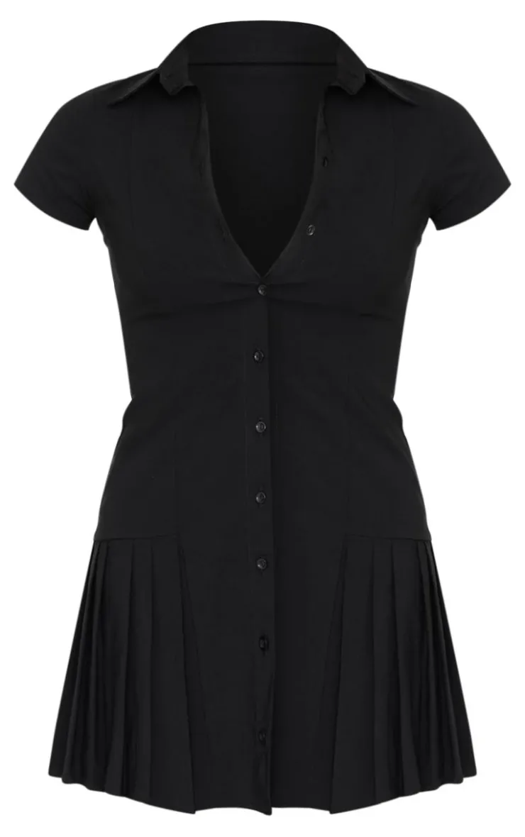 Button Down Cap Sleeve Pleated Hem Shift Dress-PrettyLittleThing New