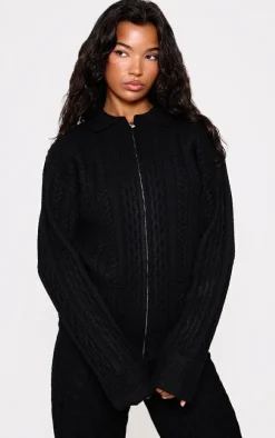 Outlet PrettyLittleThing Cable Knit Collar Detail Zip Up Cardigan Black
