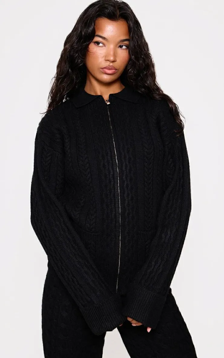 Outlet PrettyLittleThing Cable Knit Collar Detail Zip Up Cardigan Black