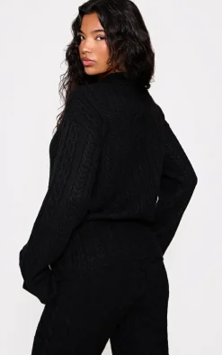 Outlet PrettyLittleThing Cable Knit Collar Detail Zip Up Cardigan Black
