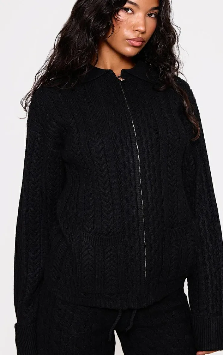 Outlet PrettyLittleThing Cable Knit Collar Detail Zip Up Cardigan Black
