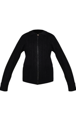 Outlet PrettyLittleThing Cable Knit Collar Detail Zip Up Cardigan Black