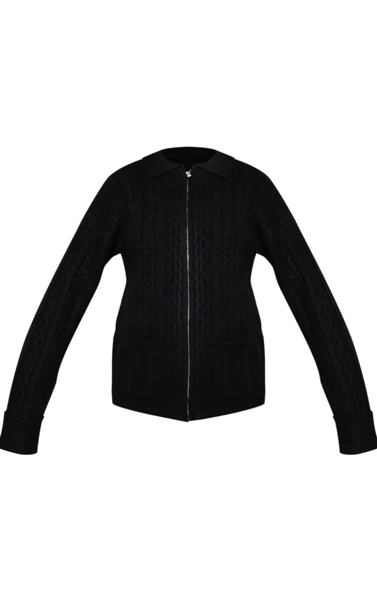 Outlet PrettyLittleThing Cable Knit Collar Detail Zip Up Cardigan Black