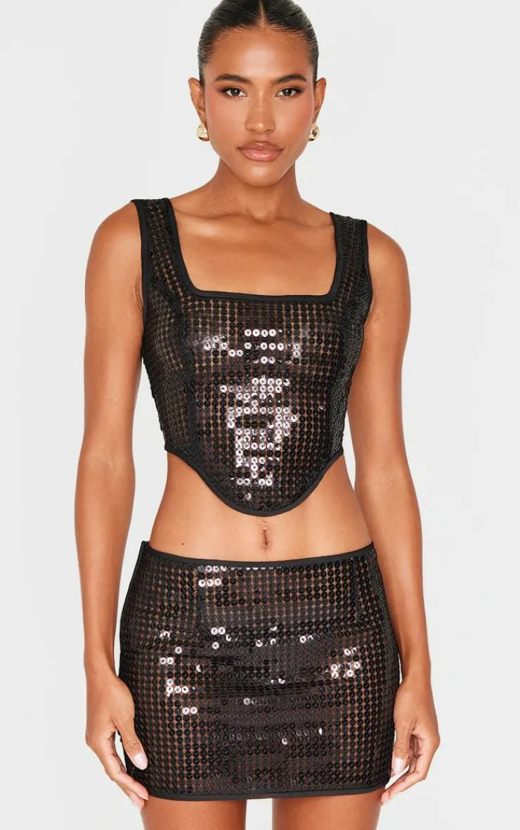 New PrettyLittleThing Chain Sequin Micro Mini Low Rise Skirt Black
