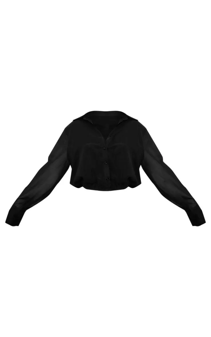 Hot PrettyLittleThing Chiffon Elastic Waist Long Sleeve Shirt Black