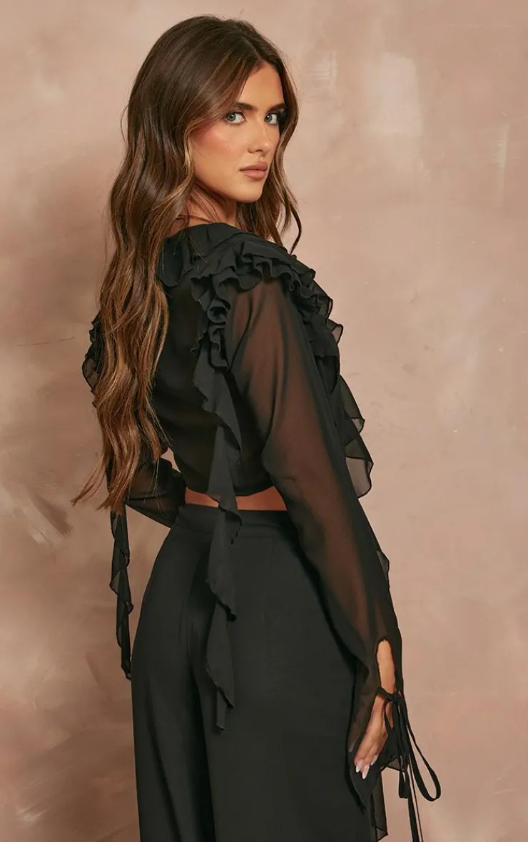 Online PrettyLittleThing Chiffon Frill Tie Split Sleeve Crop Top Black