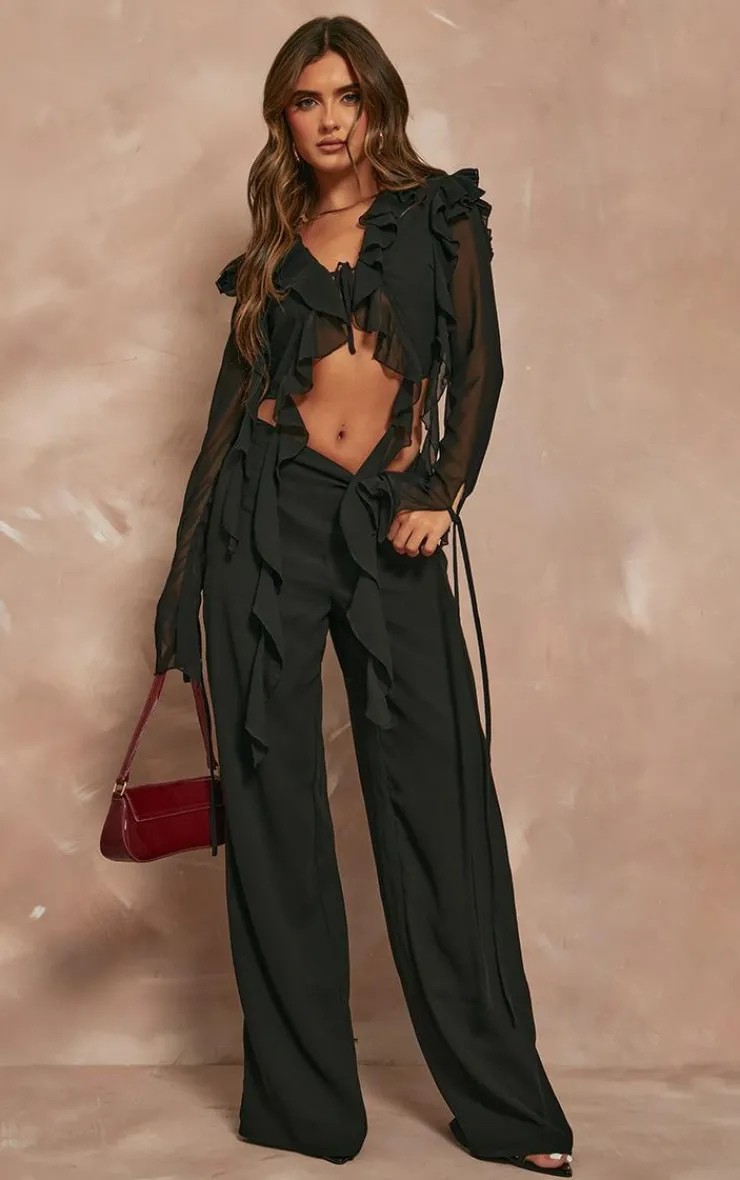 Online PrettyLittleThing Chiffon Frill Tie Split Sleeve Crop Top Black