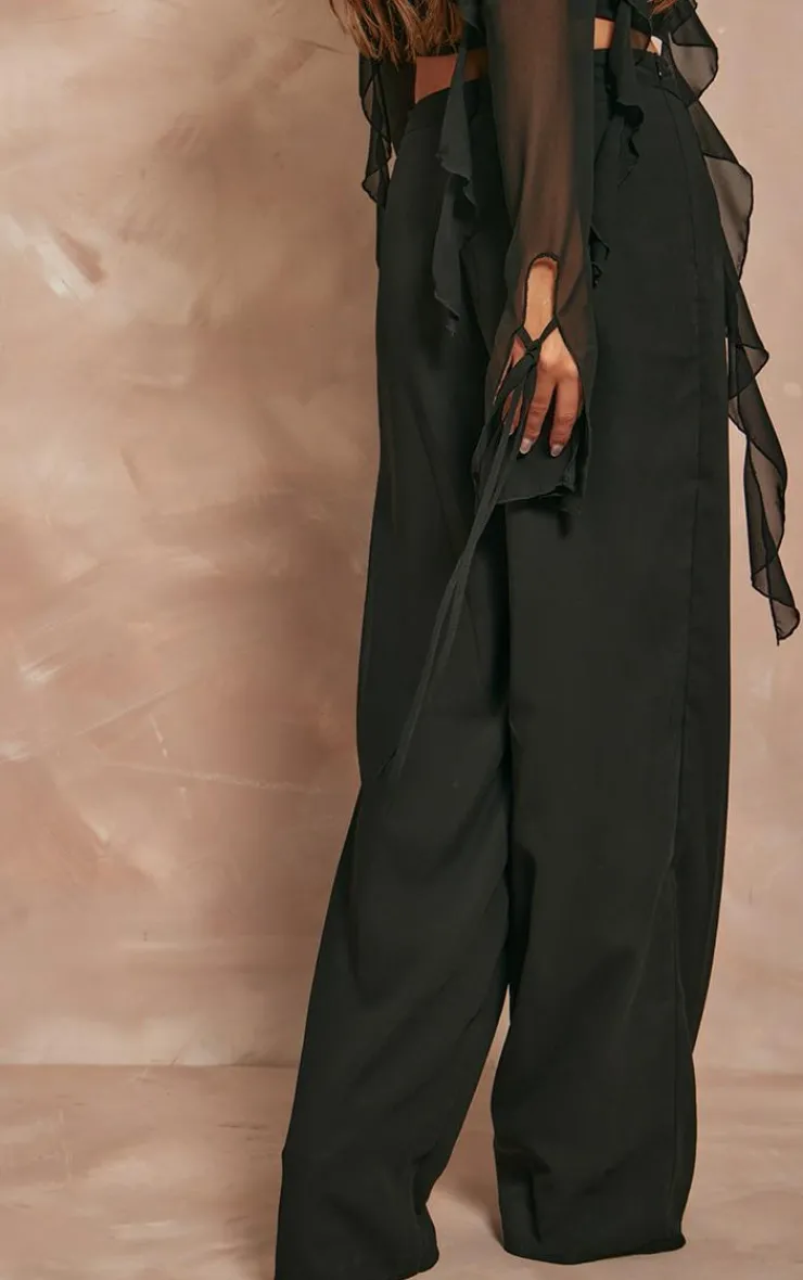 Hot PrettyLittleThing Chiffon Mid Rise Wide Leg Pants Black