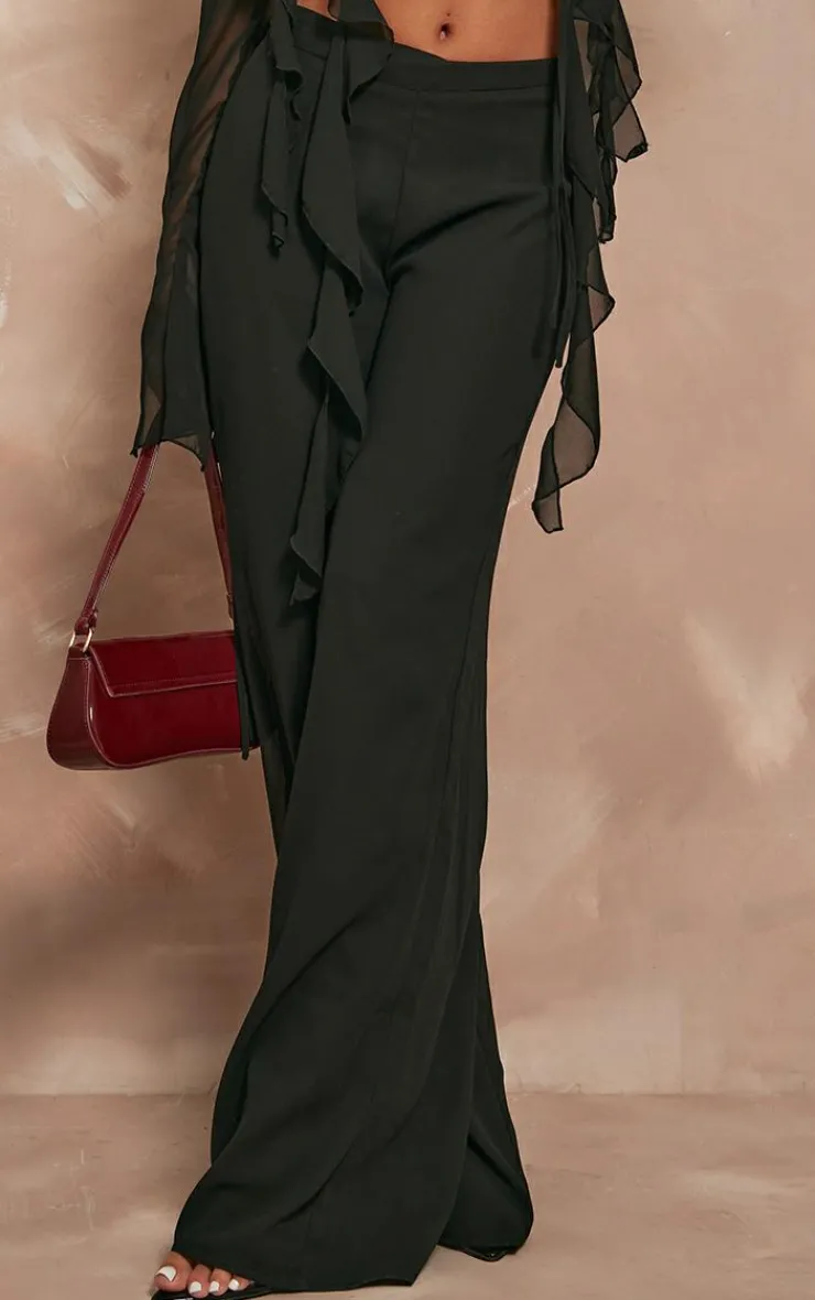 Hot PrettyLittleThing Chiffon Mid Rise Wide Leg Pants Black